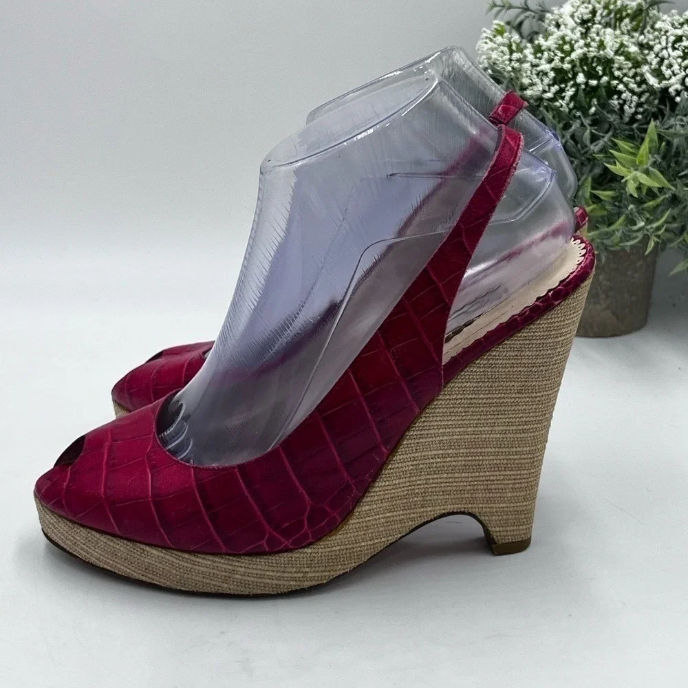 Oscar‎ De LA Renta Womens Red Print Leather Peep-Toe Slingback Wedge 39.5/US 8.5